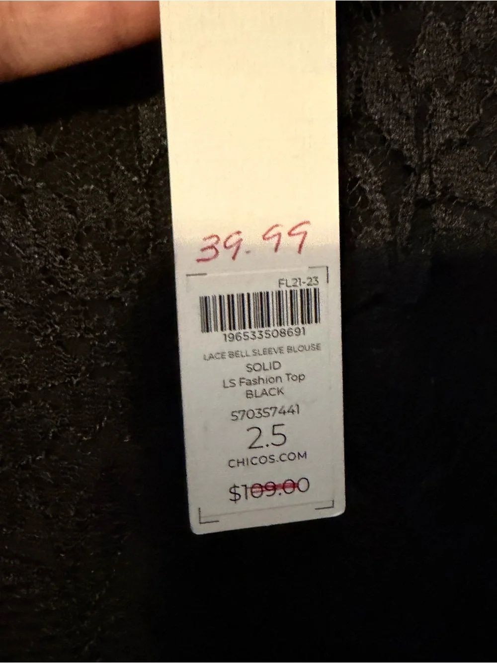 Chico's black lace bell‎ sleeve blouse with cami Size 14 NWT